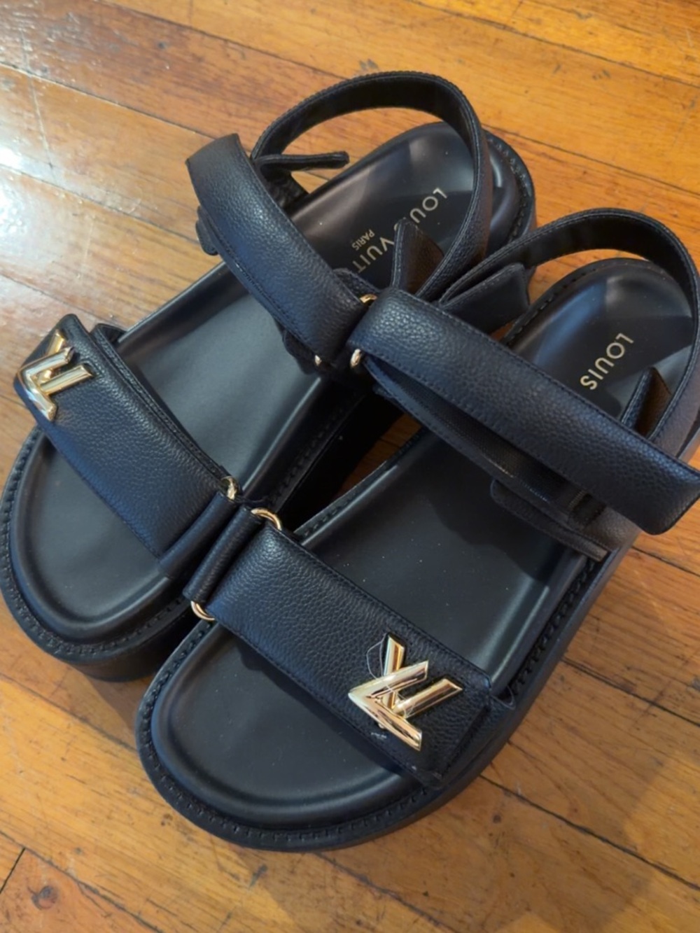 Louis Vuitton Black Leather womens Sandals with Gold LV Hardware - Picture 2 of 8